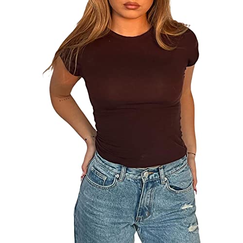 Damen Basic Skims Dupe Crop Top Kurzarm Y2K Solid Silm Fit T-Shirt Crewneck Shirt Ausgehen Streetwear Club Party (Dunkelbraun, M) von Beauace