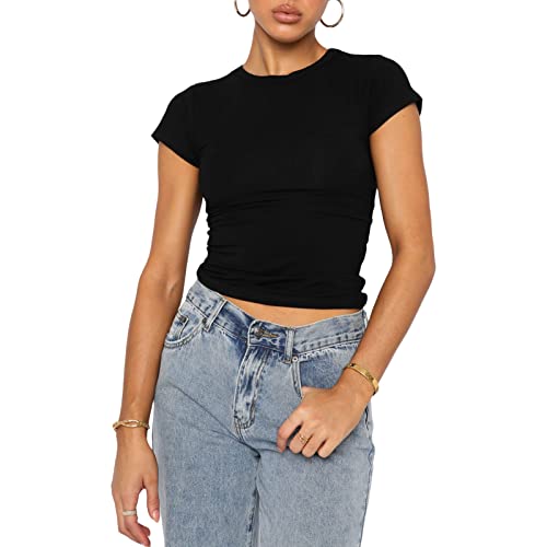 Damen Basic Skims Dupe Crop Top Kurzarm Y2K Solid Silm Fit T-Shirt Crewneck Shirt Ausgehen Streetwear Club Party (Schwarz, L) von Beauace