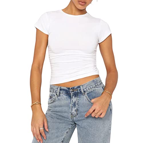 Damen Basic Skims Dupe Crop Top Kurzarm Y2K Solid Silm Fit T-Shirt Crewneck Shirt Ausgehen Streetwear Club Party (Wei? M) von Beauace