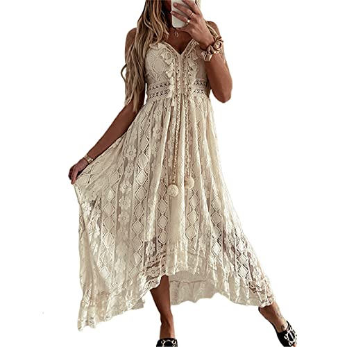 Damen Boho Kleid Hohe Taille Lang Sommerkleid Spaghettiträge V-Ausschnitt Spitze Strandkleid Ärmellos Elegant A-Linie Spitzenkleid (Beige, L) von Beauace