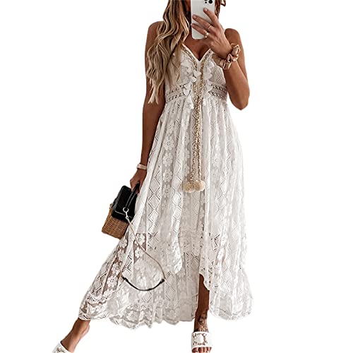 Damen Boho Kleid Hohe Taille Lang Sommerkleid Spaghettiträge V-Ausschnitt Spitze Strandkleid Ärmellos Elegant A-Linie Spitzenkleid (Weiß, S) von Beauace