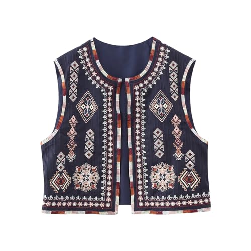 Damen Y2K Vintage bestickte Weste Blumen Gilets vorne offen ärmellose Strickjacke Boho Sommer Kurze Weste (Navy Blau, S) von Beauace