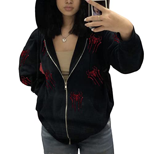 Damen Y2K Zip Up Hoodie Jacke Sweatjacke mit Kapuze Gothic Graphik Kapuzenjacke Vintage Casual Übergangsjacke Teenager Mädchen Ästhetic E-Girl Harajuku Streetwear (B-Schwarz, L) von Beauace