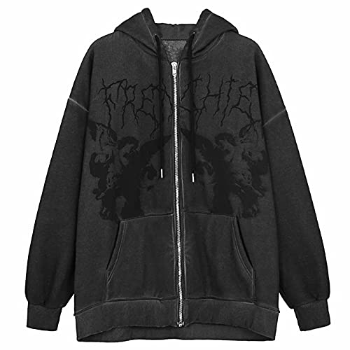 Damen Y2K Zip Up Hoodie Jacke Sweatjacke mit Kapuze Gothic Graphik Kapuzenjacke Vintage Casual Übergangsjacke Teenager Mädchen Ästhetic E-Girl Harajuku Streetwear (Schwarz, XXL) von Beauace