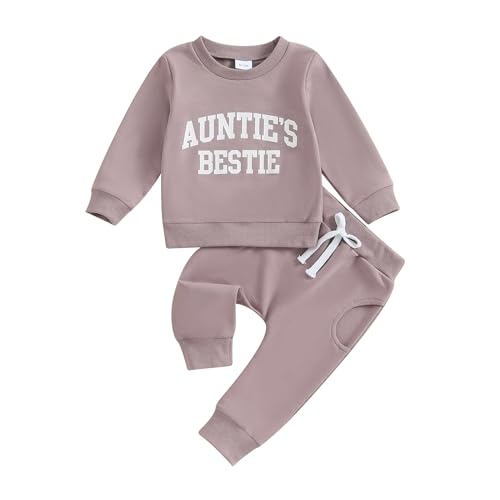 Kleinkind Baby Junge Mädchen Outfits Aunties Little Bestie Lustige Buchstaben Sweatshirt Pullover Langarm Tops Jogger Hosen Zweiteiliges Babykleidungsset (02 Lila, 6-12 Months) von Beauace