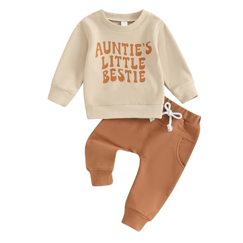 Kleinkind Baby Junge Mädchen Outfits Aunties Little Bestie Lustige Buchstaben Sweatshirt Pullover Langarm Tops Jogger Hosen Zweiteiliges Babykleidungsset (Khaki, 12-18 Months) von Beauace