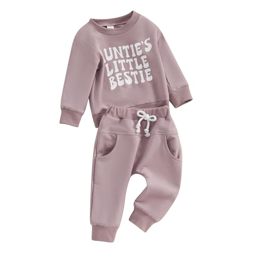 Kleinkind Baby Junge Mädchen Outfits Aunties Little Bestie Lustige Buchstaben Sweatshirt Pullover Langarm Tops Jogger Hosen Zweiteiliges Babykleidungsset (Lila, 18-24 Months) von Beauace