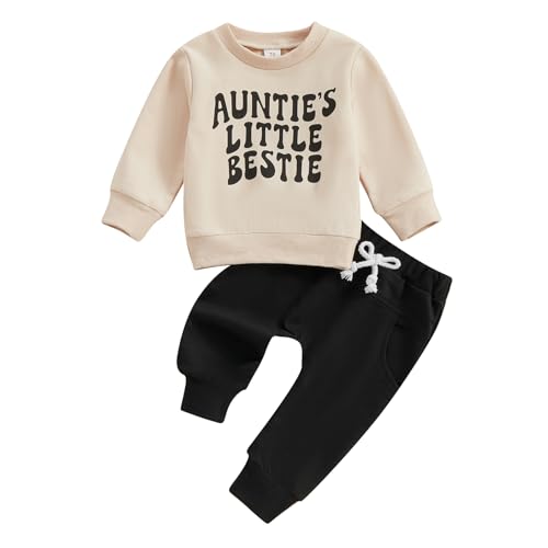 Kleinkind Baby Junge Mädchen Outfits Aunties Little Bestie Lustige Buchstaben Sweatshirt Pullover Langarm Tops Jogger Hosen Zweiteiliges Babykleidungsset (Schwarz, 12-18 Months) von Beauace