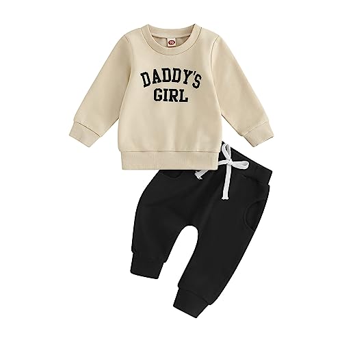 Beauace Kleinkind Baby Mädchen Kleidung Set Daddys Girl Muster Sweatshirt Pullover Langarm Oberteil und Hose Zweiteiler Baby Vatertag Outfit (Aprikosenschwarz, 0-6 Monate) von Beauace