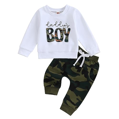 Kleinkind Baby Junge Outfits Daddys Boy Lustige Buchstaben Sweatshirt Pullover Langarm Tops Jogger Hosen Zweiteilige Baby Kleidung Set (Tarnung, 0-6 Months) von Beauace