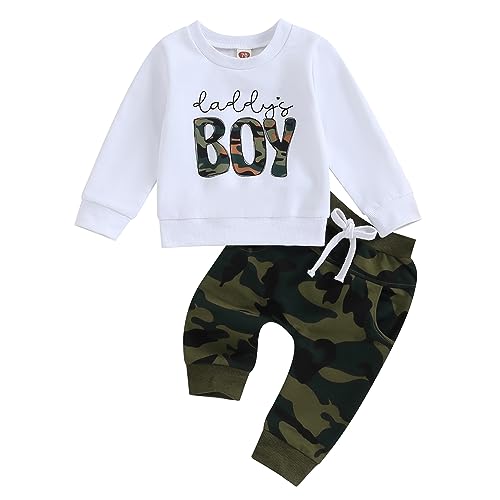 Kleinkind Baby Junge Outfits Daddys Boy Lustige Buchstaben Sweatshirt Pullover Langarm Tops Jogger Hosen Zweiteilige Baby Kleidung Set (Tarnung, 12-18 Months) von Beauace