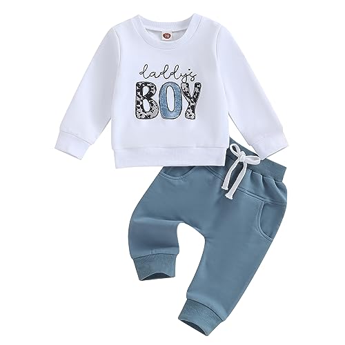 Kleinkind Baby Junge Outfits Daddys Boy Lustige Buchstaben Sweatshirt Pullover Langarm Tops Jogger Hosen Zweiteilige Baby Kleidung Set (Weiß, 6-12 Months) von Beauace