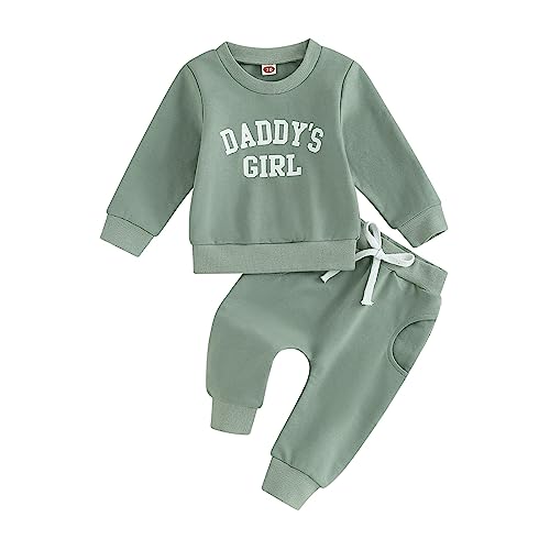 Beauace Kleinkind Baby Mädchen Kleidung Set Daddys Girl Muster Sweatshirt Pullover Langarm Oberteil und Hose Zweiteiler Baby Vatertag Outfit (Grün, 12-18 Monate) von Beauace