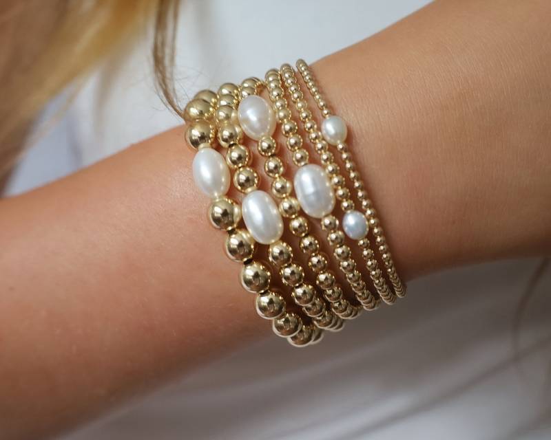 14K Gold Fill Armbänder Mit Aaa Qualität Süßwasserperlen, Filled Perlen Armbänder, Stretch Nicht Anlaufender Schmuck B063 von BeaucoupdeBeads