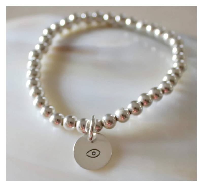 sterling Silber Perlen Armband 5 Mm Ball Armband Mit Evil Eye Charm von BeaucoupdeBeads