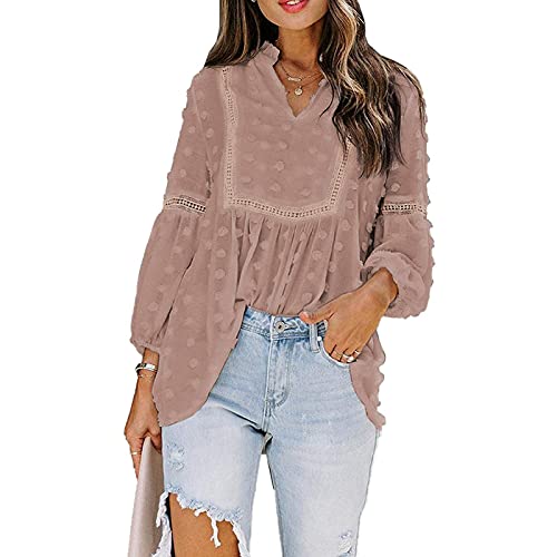 Beaufident Bluse Damen Fallen Elegant Chiffon Bluse Spitze Lange Ärmel Oberteile Shirt Hemd Einfarbig Blusen Vintage T-Shirt Tunika Tops Chiffon Blusentop Loose Oversize Top,Rosa,XL von Beaufident