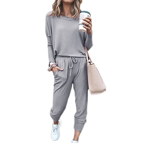 Beaufident Damen Hausanzug Sportanzug Set Jogginganzug Damen Freizeitanzug Frauen Trainingsanzug Set 2 Teiliges Langarm Hosenanzug Loose Fitnessanzug für Running Yoga Gym Sportswear,A Hellgrau,L von Beaufident