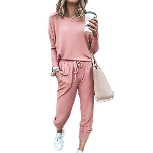 Beaufident Damen Hausanzug Sportanzug Set Jogginganzug Damen Freizeitanzug Frauen Trainingsanzug Set 2 Teiliges Langarm Hosenanzug Loose Fitnessanzug für Running Yoga Gym Sportswear,A Rosa,L von Beaufident