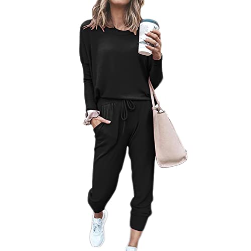 Beaufident Damen Hausanzug Sportanzug Set Jogginganzug Damen Freizeitanzug Frauen Trainingsanzug Set 2 Teiliges Langarm Hosenanzug Loose Fitnessanzug für Running Yoga Gym Sportswear,A Schwarz,XL von Beaufident