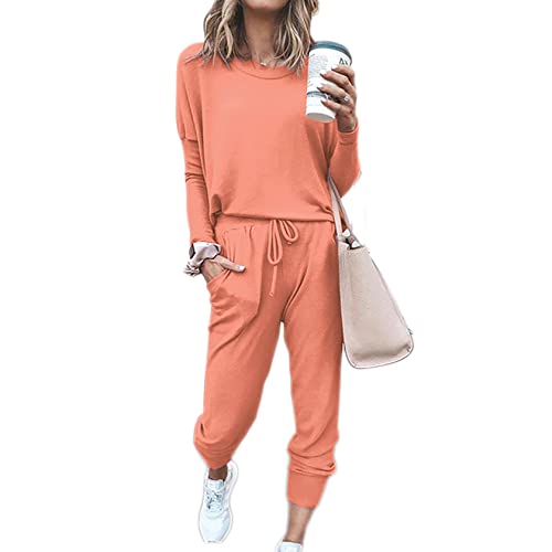 Beaufident Damen Hausanzug Sportanzug Set Jogginganzug Freizeitanzug Frauen Trainingsanzug Set 2 Teiliges Langarm Hosenanzug Loose Fitnessanzug für Running Gym Sportswear Yoga A Wassermelonenrot,3XL von Beaufident