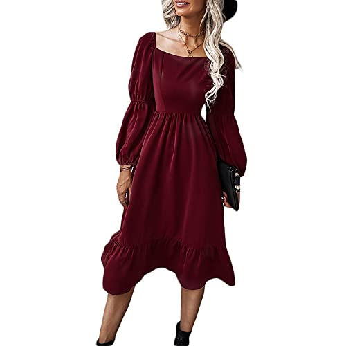 Beaufident Damen Kleid Lange Laternenärmel Formaler eckiger Hals Hochzeitsgast Midikleider Elastische Flare Plissee Rüsche Elegantes Herbstkleid Elegantes Herbstkleid Retro Vintage Kleid,Burgund,S von Beaufident