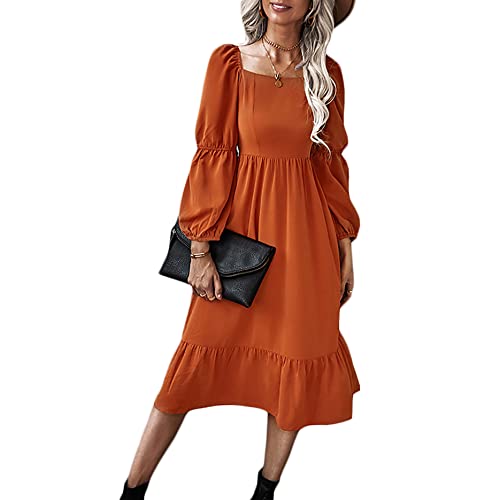 Beaufident Damen Kleid Lange Laternenärmel Formaler eckiger Hals Hochzeitsgast Midikleider Elastische Flare Plissee Rüsche Elegantes Herbstkleid Elegantes Herbstkleid Retro Vintage Kleid,Orange,M von Beaufident