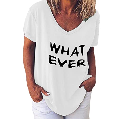 Beaufident Damen Oberteile Sommer Blusen Kurzarm T-Shirt V-Ausschnitte Lose Top Shirt Einfarbig Brief Bedruckt Asymmetrisch Casual Locker Basic Shirt,A Weiß,XL von Beaufident