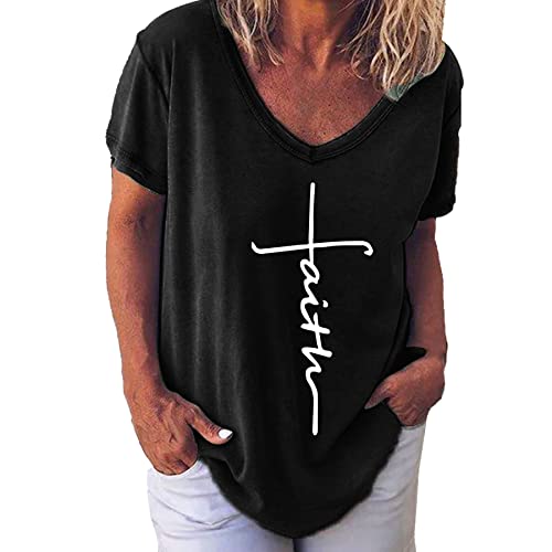 Beaufident Damen Oberteile Sommer Blusen Kurzarm T-Shirt V-Ausschnitte Lose Top Shirt Einfarbig Brief Bedruckt Asymmetrisch Casual Locker Basic Shirt B Schwarz XL von Beaufident