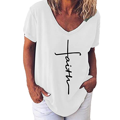 Beaufident Damen Oberteile Sommer Blusen Kurzarm T-Shirt V-Ausschnitte Lose Top Shirt Einfarbig Brief Bedruckt Asymmetrisch Casual Locker Basic Shirt B Weiß XL von Beaufident