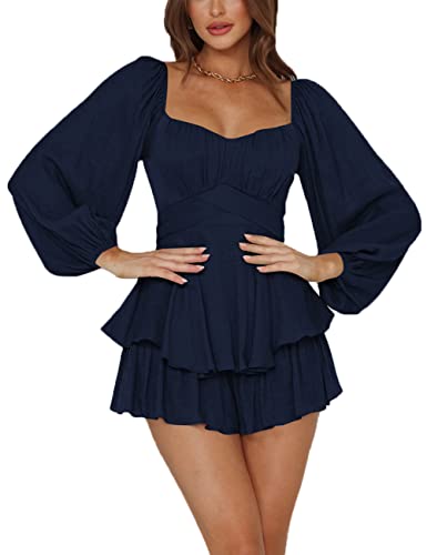 Beaufident Kleid Damen Langarm Freizeitkleid Elegant Rückenfrei A-Linie Kleider Puffärmel Rüschen Strandkleid Party Off Shoulder Skaterkleid 2-in-1 Jumpsuits,A Marine,M von Beaufident