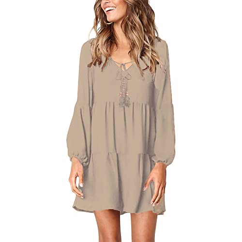 Beaufident Kleider V-Ausschnitt Damen Shirtkleider Lange Ärmel Loose Rüschen Freizeitkleider Einfarbig Strandkleider Minikleider Elegant A-Linie T-Shirtkleider Schwangeres Kleid Casual,A Khaki,L von Beaufident