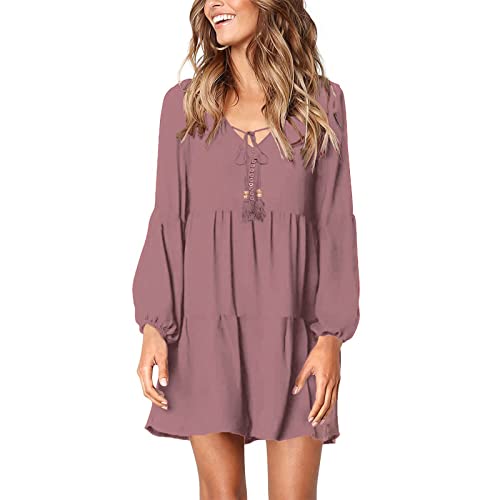 Beaufident Kleider V-Ausschnitt Damen Shirtkleider Lange Ärmel Loose Rüschen Freizeitkleider Einfarbig Strandkleider Minikleider Elegant A-Linie T-Shirtkleider Schwangeres Kleid Casual,A Rosa,S von Beaufident