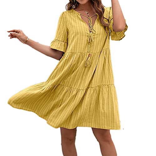 Beaufident Sommerkleider V-Ausschnitt Damen Kleider Kurzarm Loose Rüschen Freizeitkleider Einfarbig Strandkleider Minikleider Elegant A-Linie T-Shirtkleider Schwangeres Kleid Casual,Gelb,M von Beaufident