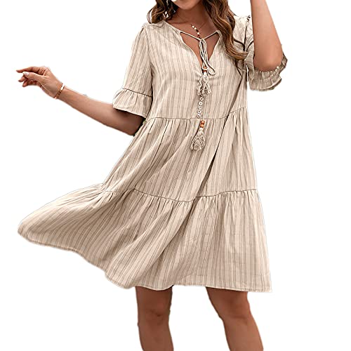 Beaufident Sommerkleider V-Ausschnitt Damen Kleider Kurzarm Loose Rüschen Freizeitkleider Einfarbig Strandkleider Minikleider Elegant A-Linie T-Shirtkleider Schwangeres Kleid Casual,Khaki,M von Beaufident