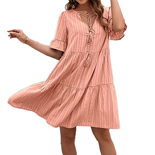 Beaufident Sommerkleider V-Ausschnitt Damen Kleider Kurzarm Loose Rüschen Freizeitkleider Einfarbig Strandkleider Minikleider Elegant A-Linie T-Shirtkleider Schwangeres Kleid Casual,Rosa,S von Beaufident