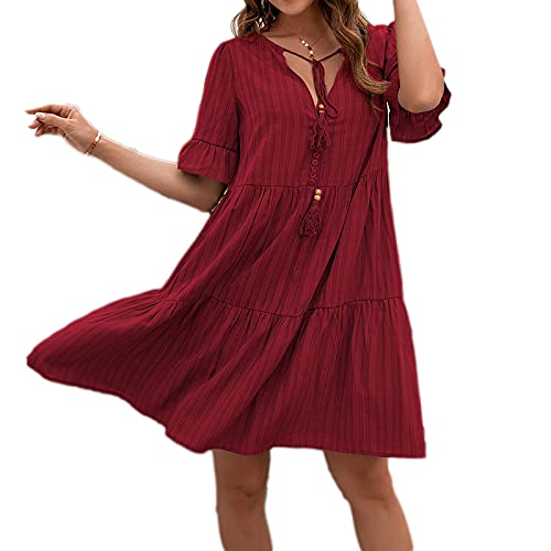 Beaufident Sommerkleider V-Ausschnitt Damen Kleider Kurzarm Loose Rüschen Freizeitkleider Einfarbig Strandkleider Minikleider Elegant A-Linie T-Shirtkleider Schwangeres Kleid Casual,Rot,M von Beaufident