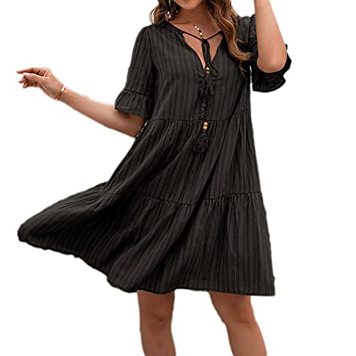 Beaufident Sommerkleider V-Ausschnitt Damen Kleider Kurzarm Loose Rüschen Freizeitkleider Einfarbig Strandkleider Minikleider Elegant A-Linie T-Shirtkleider Schwangeres Kleid Casual,Schwarz,L von Beaufident