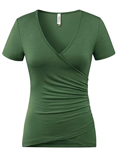 Beauhuty Damen Top Tiefer V-Ausschnitt Slim Fitted T-Shirt Vorne Surplice Wrap Kurz/Langarm Tees, C Short-Army Green, M/L von Beauhuty