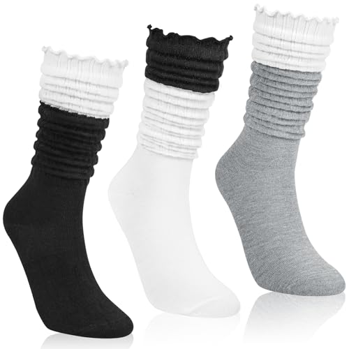 3 Paar Gestapelte Socken Damen Kniestrümpfe Slouch Lang Doppelfarbig mit Rüschenbund Weiche Scrunch Kniestrümpfe Casual für Kleine Größen Bequeme Socken von Beaulov