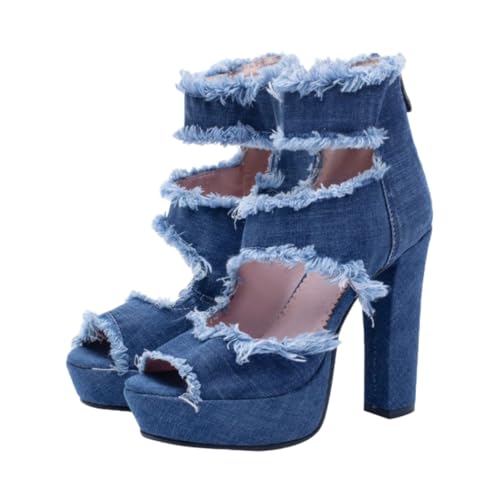Beaupretty 1 Paar Damen Jeansstoff High Heels Sandalen Offene Zehenmode Atmungsaktive Bequeme Sommer Schuhe für Freizeit Strand oder Partys von Beaupretty