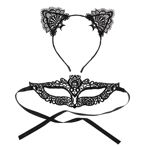 Beaupretty 1satz Tierohren Haarreif Set Mit Schwarzer Spitzenmaske Für Kostümpartys Und Halloween Unisex Strapazierfähigem Material Fröhliches Accessoire Für von Beaupretty