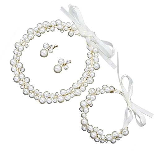 Beaupretty 1 Satz Hochzeit Perlenohrring Brautschmuck Armbänder Für Frauen Hochzeit Ohrschmuck Perlenarmband Zur Hochzeit Stirnband Mit Perlen Für Die Braut Ohrringe Wild Fräulein Kombination von Beaupretty