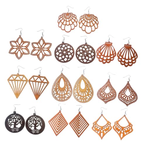Beaupretty 10paare Hübsche Tropfenohrringe Für Frauen Und Teenager-mädchen Baumelnde Holzohrringe Mit Afrikanischem Muster Statement-ohrschmuck Für Elegante Outfits von Beaupretty