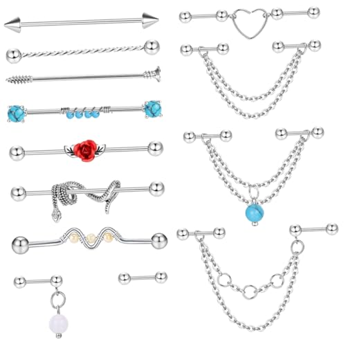 Beaupretty 13Stücke Teiliges Industrielle Langhantelohrringe für Damen und Mädchen Chirurgenstahl Knorpelpiercing Schmuck Eleganter Handwerkskunst für Alltag und Arbeit Silberne und Blaue von Beaupretty