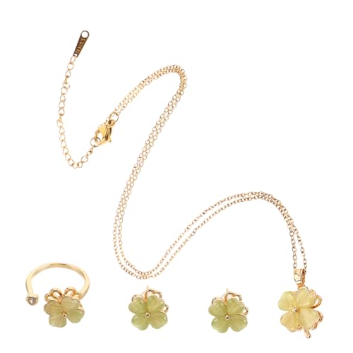 Beaupretty Schmuckset Für Damen Mit Grüner Blattkette Anhängerkette Vierblatt-anhänger Halskette Ring Und Ohrringen Aus Titanstahl Und Katzenaugenstein Für Geburtstag Valentinstag Und von Beaupretty