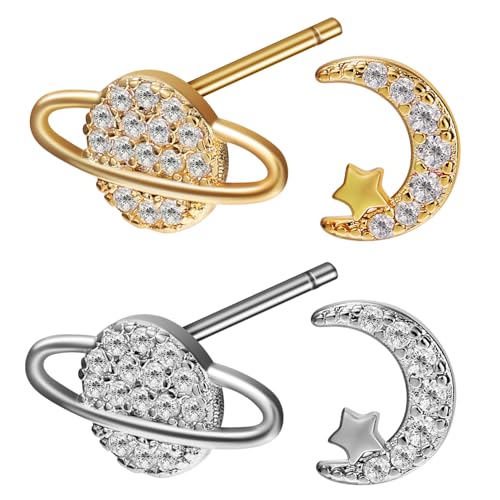 Beaupretty 2 Paare Asymmetrische Mond Stern Ohrringe Kleine Ohrstecker Planeten Design Damen Mädchen Feiner Glanz Leicht Tragbar Geschenkidee Geburtstag Valentinstag von Beaupretty