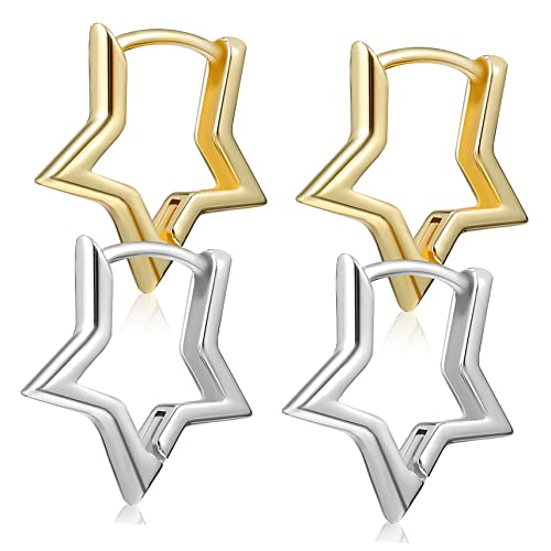 Beaupretty 2 Paare Minimalistische Sternohrringe Creolen Geometrisch Kleine Ohrstecker Leicht Silber und Gold Damen Mädchen Modeschmuck von Beaupretty
