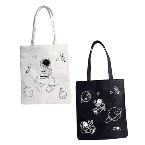 Beaupretty 2 Stück Damen Canvas Schultertasche mit Kreativem Astronautenmotiv Leichte Strapazierfähige Tragetaschen für Alltag Shopping Reisen Modisch in Schwarz und Weiß von Beaupretty