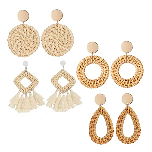 Beaupretty 4 Paare Handgefertigte Rattan Ohrringe Leichte Geometrische Ohrstecker für Damen Boho Accessoires Angenehm zu Tragen für Partys Hochzeiten Alltag und Besondere Anlässe von Beaupretty