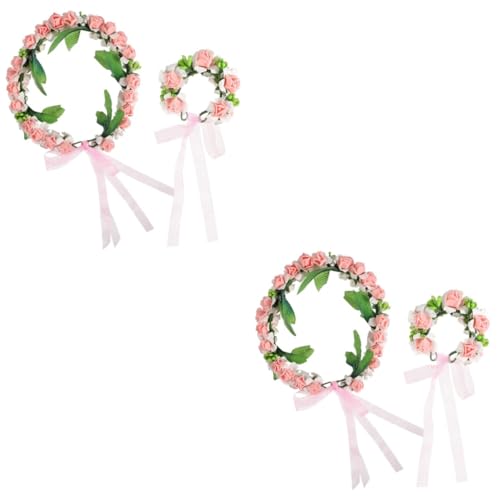 Beaupretty 4 Stück Künstlicher Kopfkranz Halo-rose Handgemachte Kopfbedeckung Rosengirlande Florales Armband Hochzeit Bräute Rose Geblümt Rosa Haargummi Mädchen 2-teiliges Set Blumen von Beaupretty